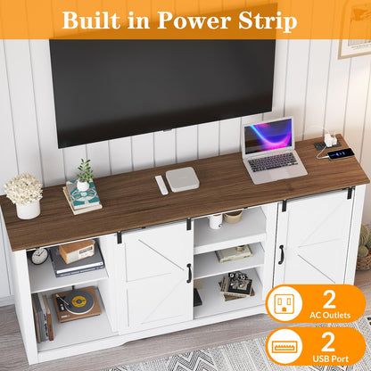 Garvee 70" Farmhouse TV Stands for 80" Television, Entertainment Center with Sliding Barn Door, Media TV Console Table with Storage & Adjustable Shelves for Living Room, White+Brown