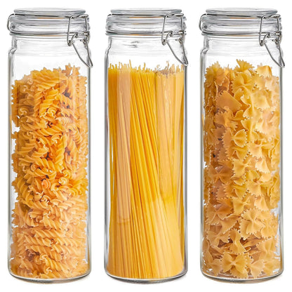 ComSaf 3-Pack 68oz 13-Inch Tall Glass Pasta Containers for Spaghetti & Long Pasta, Slender Airtight Canisters for Vertical Pantry Organization, Food Storage Jars for Linguine & Breadsticks