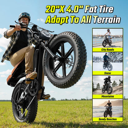 Electric Bike for Adults, Peak 1500W Motor, 30 MPH 60 Miles, 20"x4.0" Fat Tire Retro E Bike, 48V 15Ah Removable Battery, 7-Speed Ebkie for City Commuting, Off-Roading, Mountain, UL 2849 Carbon Black