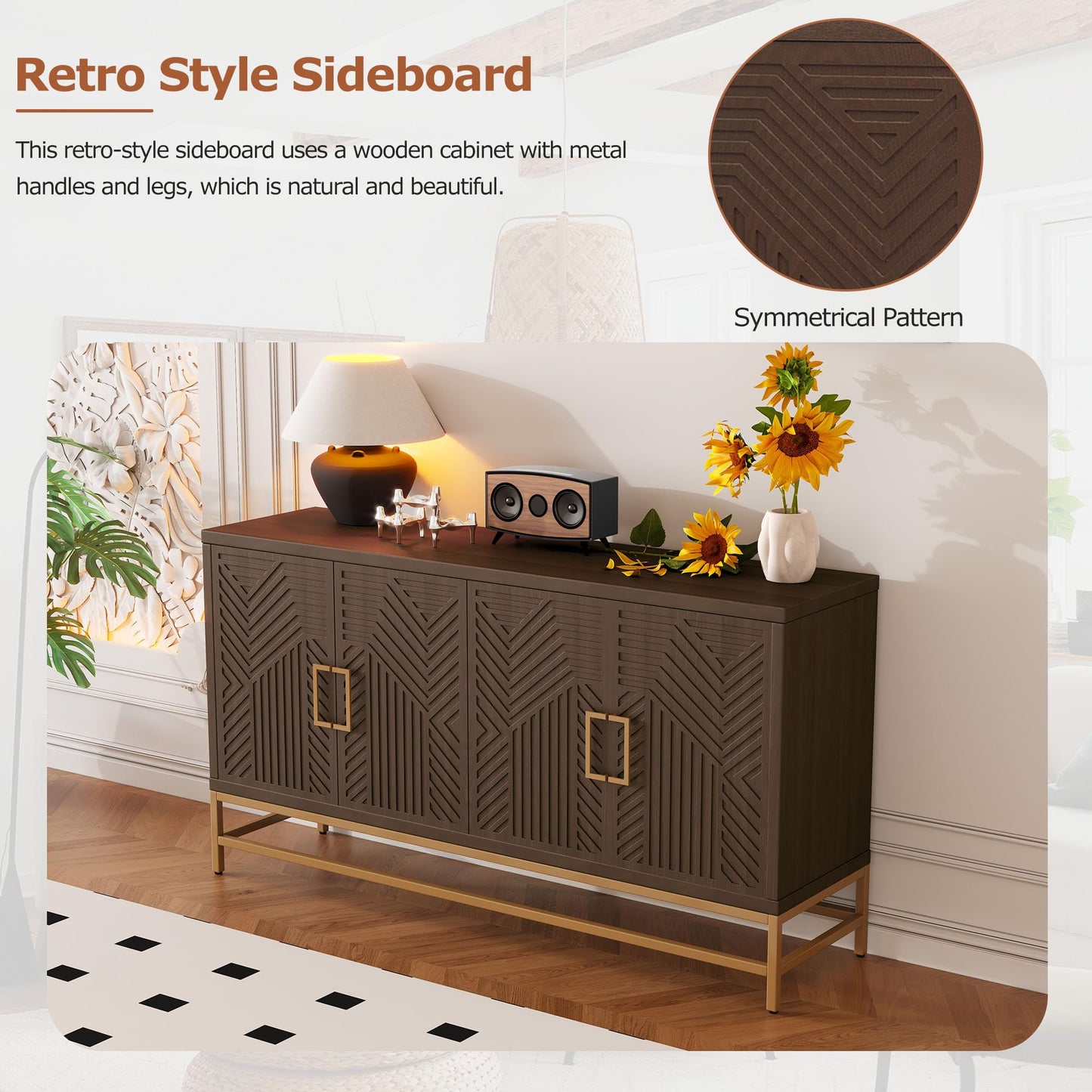 GDFStudio 60" Modern Sideboard Buffet Storage Cabinet with 4 Doors & Adjustable Shelves, Retro Coffee Bar with Metal Handles & Legs, Kitchen Cupboard Organizer for Dining Room Living Room, Espresso