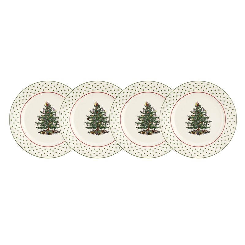 Spode Christmas Tree Polka Dot Dessert Plate (Set of 4) - Festive 8-Inch Stoneware Plates for Holiday Entertaining, Appetizers, Snacks - Microwave, Dishwasher, Freezer Safe Party Appetizer Dishes