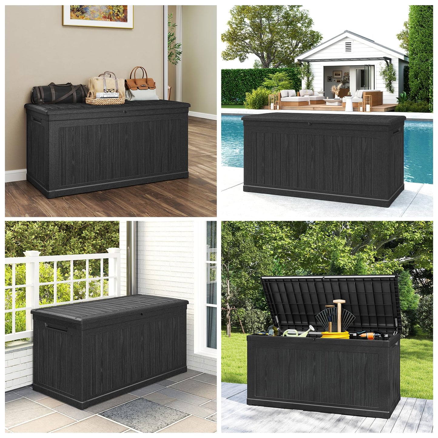 Skepphlay 260 Gallon Deck Box Large Outdoor Storage Box, Waterproof Pool Storage Cushion Boxes Bin, 440 lbs Load Capacity Black Outdoor Storage Bench for Garden, Patio