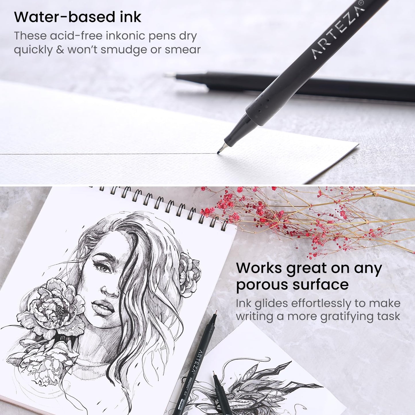 ARTEZA Black Inkonic Fineliners Pens, Set of 12, 0.4 mm Fine Tip Markers, Water-Based Art Pens for Drawing, Sketching, Journaling, Calligraphy
