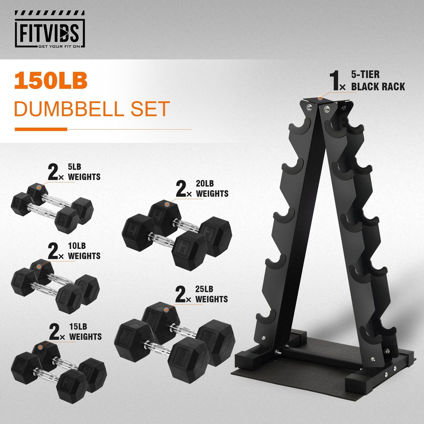 Fitvids Fitvids Rubber Coated Hex Dumbbell Weight Set and Storage Rack, 100LBS, 150LBS or 200LBS Set, 5-20 lbs, 5-25 lbs, 10-30 lbs Pairs