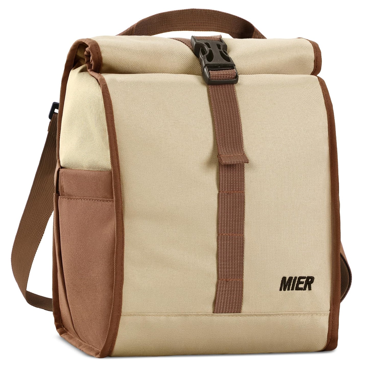 MIER Insulated Lunch Bag Roll Top Lunchbox for Women Men Adults Foldable Rolltop Lunch Tote with Shoulder Strap for Work Office Picnic, Water Bottle Holder, Khaki