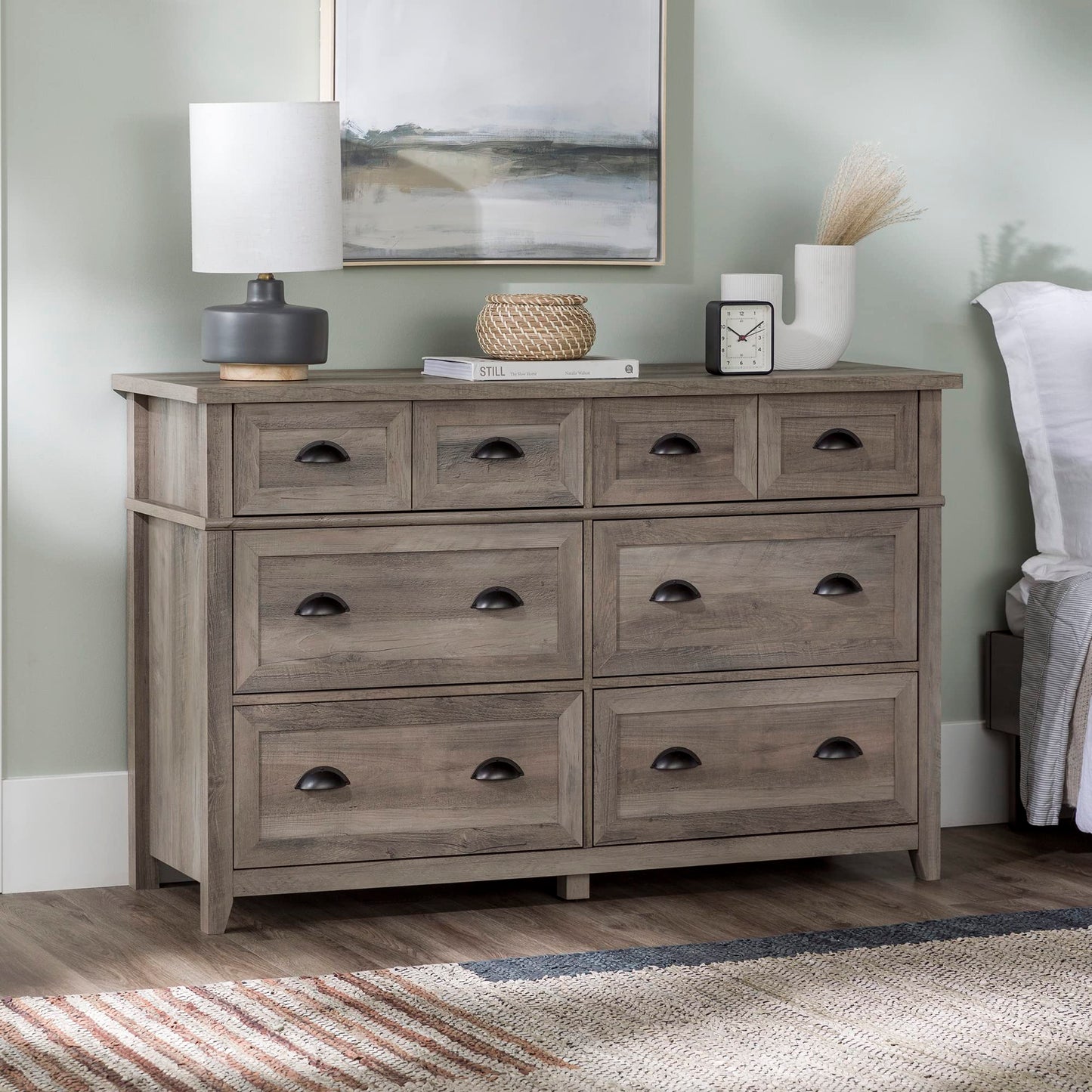 Walker Edison Modern Farmhouse 6-Drawer Framed Dresser with Half-Moon Handles, 52 Inch, Grey Wash