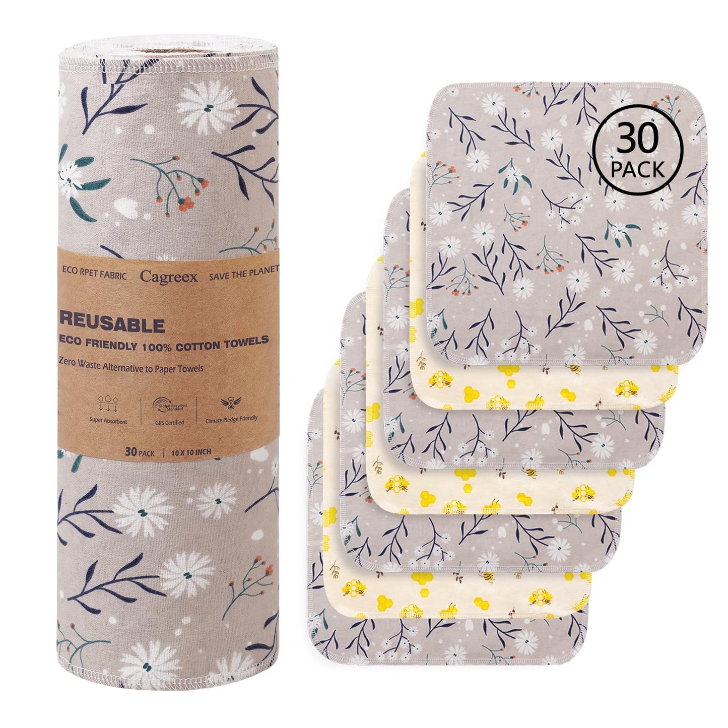 Cagreex Reusable Dishcloths Kitchen Towels Cotton: 30 Packs 10X10 Washable Roll Paperless Paper Towels Absorbent Dishcloths Set Dish Tea Towel for Kitchen Drying (15Bee+15Daisy, 10×10")