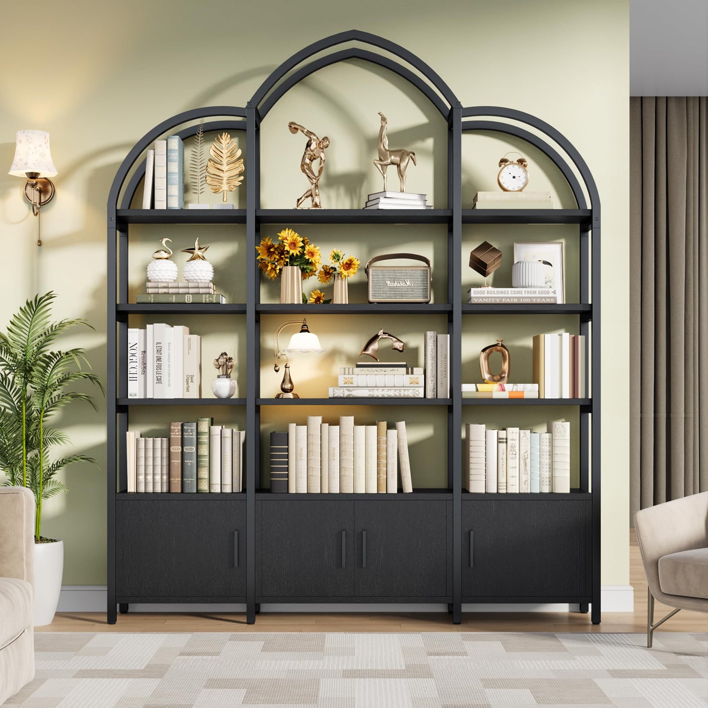 kepptory Tall Arched Bookshelf and Bookcase with 3 Cabinets, Triple Wide 5 Tier Industrial Etagere Open Bookshelf, Wood Book Shelf for Bedroom Living Room (Dark Black)