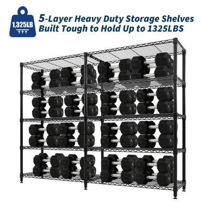 5 Tier Storage Shelving Unit Metal Shelves 70.8"W Wire Shelving, 70.5"H L-Shaped Pantry Shelves Kitchen Storage Shelves for Home Commercial Garage Heavy Duty, 70.8"H x 70.5"W x 15.8"D