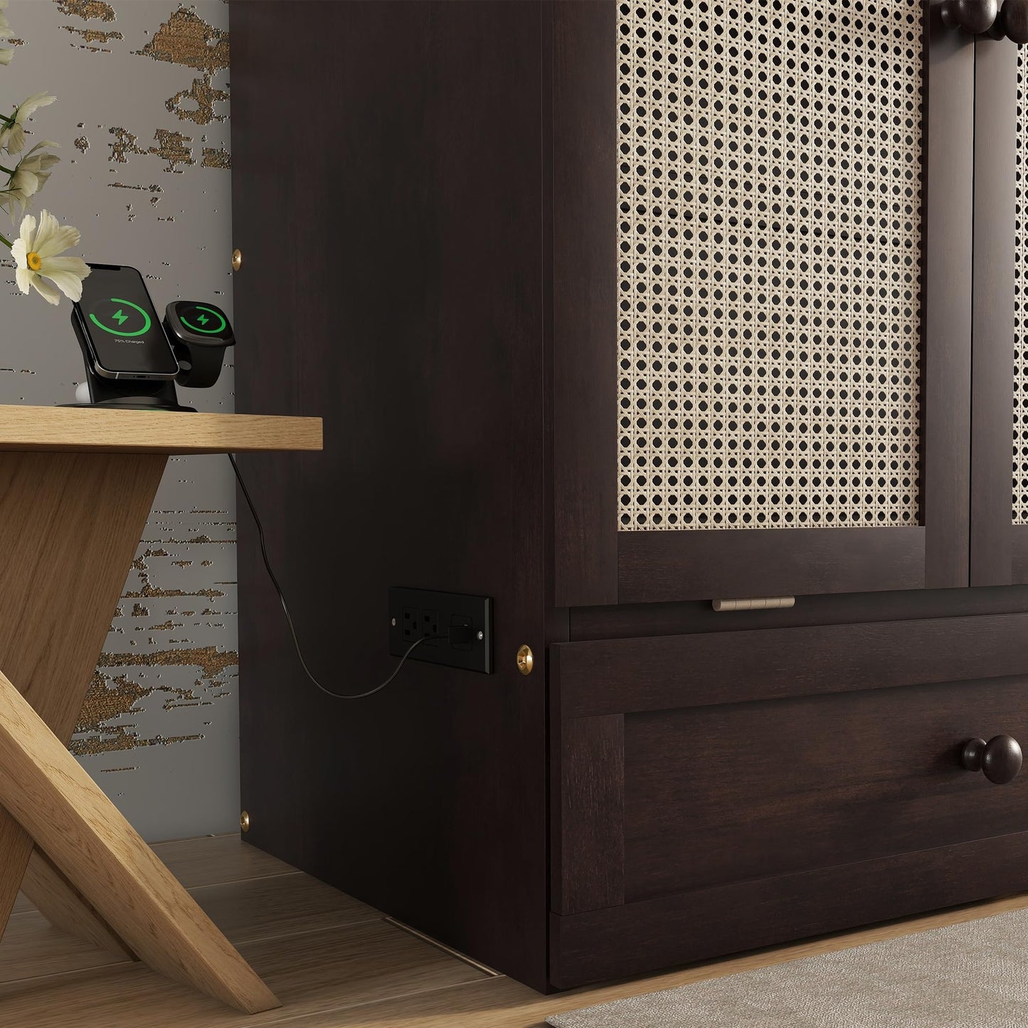 KEIKI Queen Murphy Bed w/Rattan Doors & Drawers, Space-Saving Foldable Wall Bed w/USB, Foldable Hidden Bed, Farmhouse Boho Style Guest & Living Room Bed, Espresso