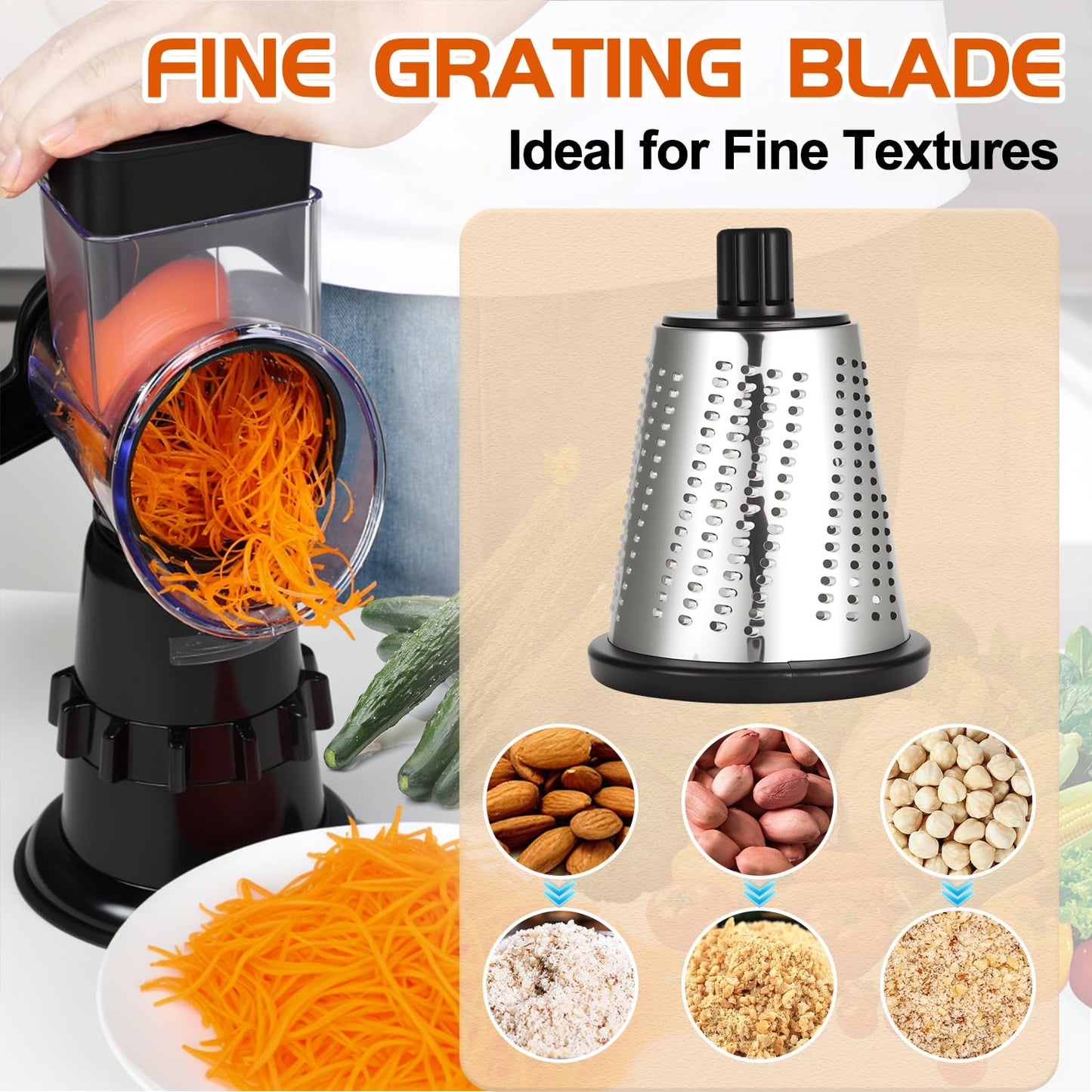 Rotary Cheese Grater Hand Crank, Vegetable Slicer with 3 Blades, Stable Suction, Labor-Saving Handle, Cheese Shredder for Potato Vegetables Nuts Chocolate, Black