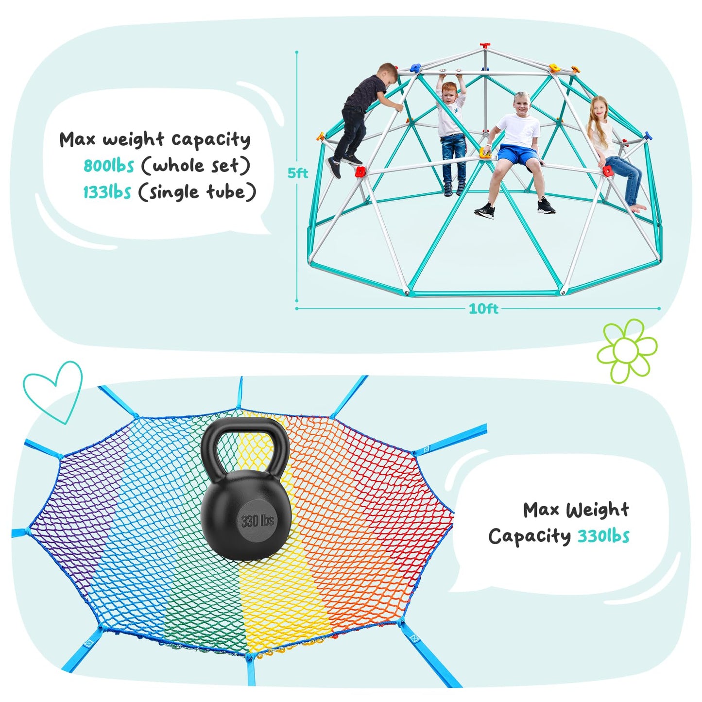 Hapfan Climbing Dome with Climbing Cargo Net, 10 ft Dome Jungle Gym with Hammock for Kids Outdoor Playset Monkey Bars Backyard