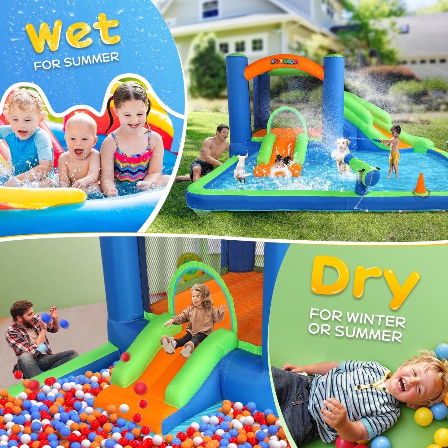 JOYMOR Inflatable Water Slide Bounce House for 3-6, 30s Blow Up Water Slide w/Basketball Hoop, Water Cannon, Ring-Toss Game, Inflatable Water Bounce House w/Slides, Air Blower (Blue/Green)