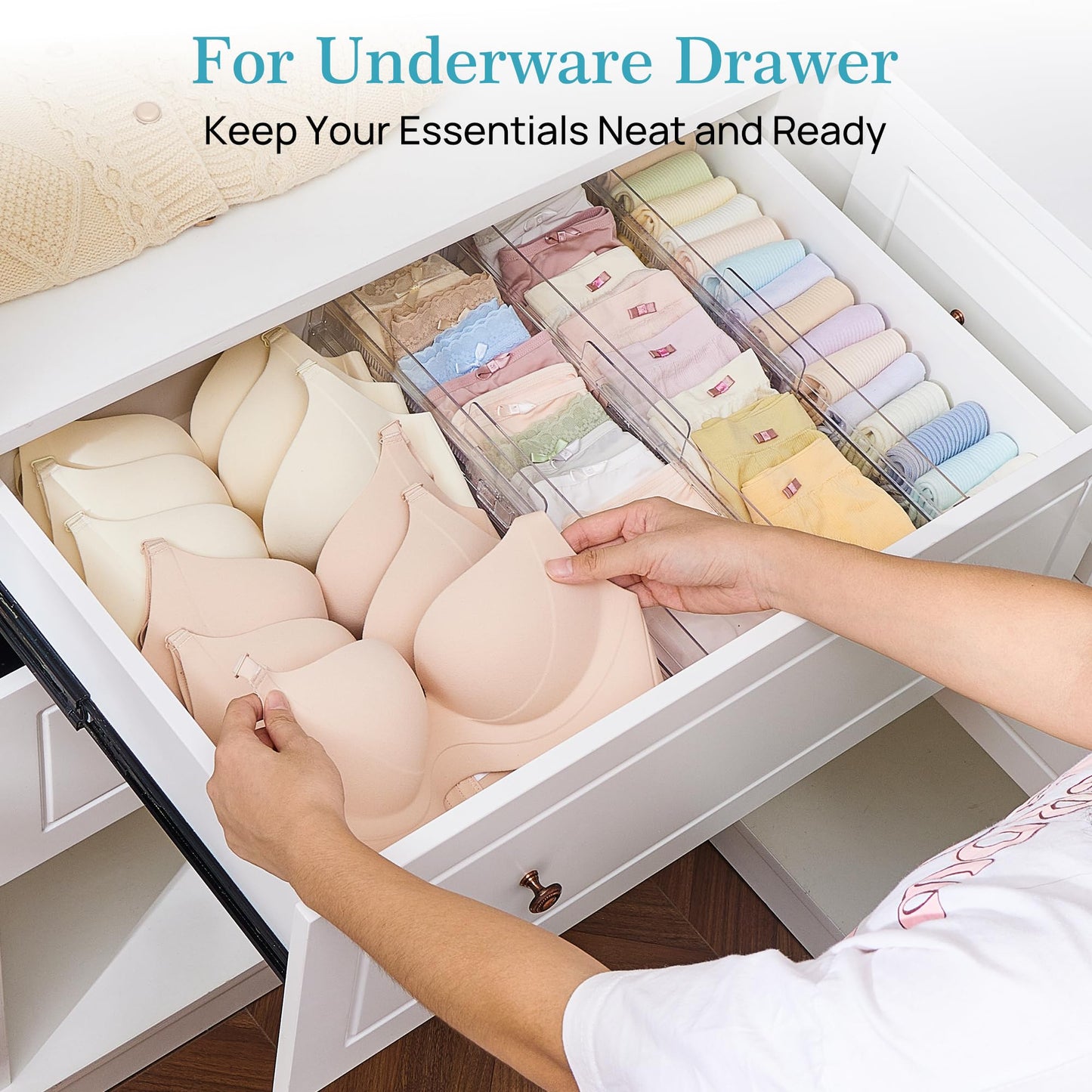 Vtopmart 12 Pack Drawer Dividers for Clothes, 4" High 10.2"-16.5" Adjustable Expandable Dresser Drawer Organizer, Clear Plastic Separators for Dresser, Baby Clothing, Underwear, Cosmetic, Toiletries