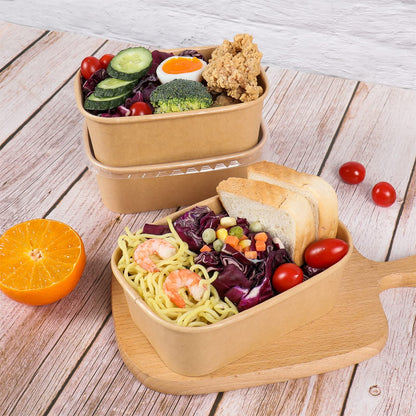 JAYEEY 25 oz Disposable Kraft paper bowls with lids, Rectangle Food containers Soup Bowls Party Supplies Treat Bowls 50 Pack
