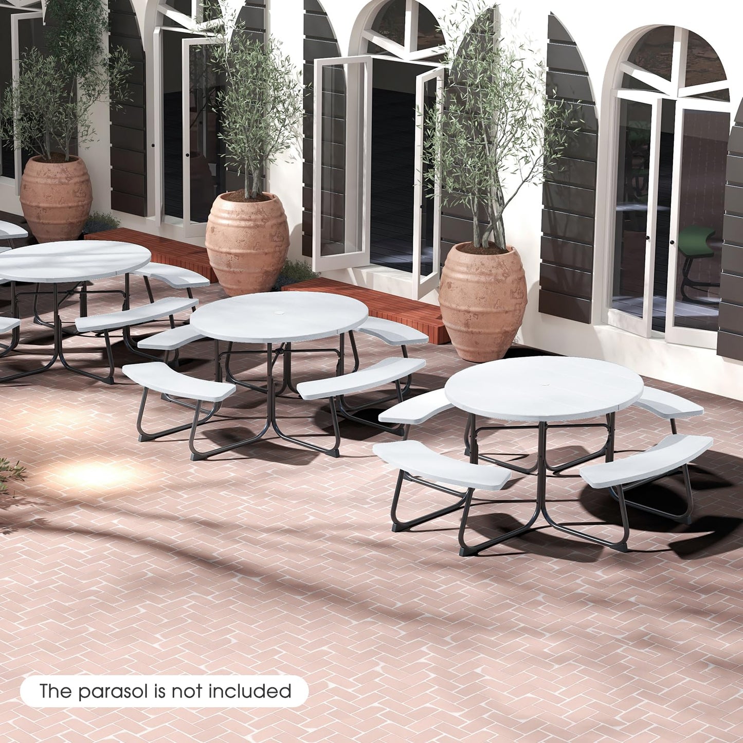 Giantex Picnic Table Set for Up to 8 Persons, Round Outdoor Table and Bench Set with Umbrella Hole, HDPE Top & Metal Frame, 2000LBS Capacity, Patio Table Bench for Deck Backyard Garden (White)