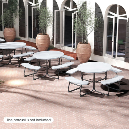 Giantex Picnic Table Set for Up to 8 Persons, Round Outdoor Table and Bench Set with Umbrella Hole, HDPE Top & Metal Frame, 2000LBS Capacity, Patio Table Bench for Deck Backyard Garden (White)