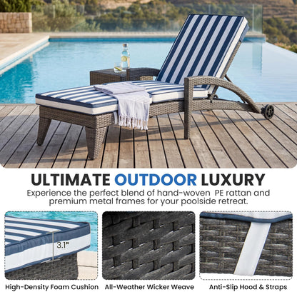 DAYARUS Patio Chaise Lounge Chairs Set of 2, Outdoor Recliner with Washable & Removable Cushions, 5-Position Adjustable Backrest, All-Weather Rattan & Metal Pool Lounger with Wheels for Deck, Blue