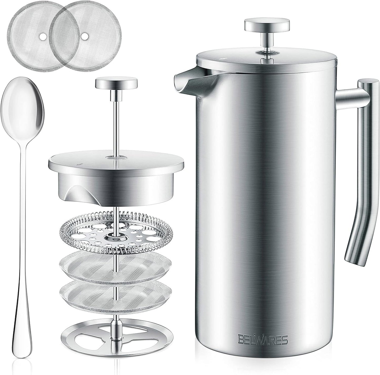 Belwares 34 oz French Press Coffee Maker, Double Insulated Stainless Steel with 2 Extra Screens and Coffee Spoon