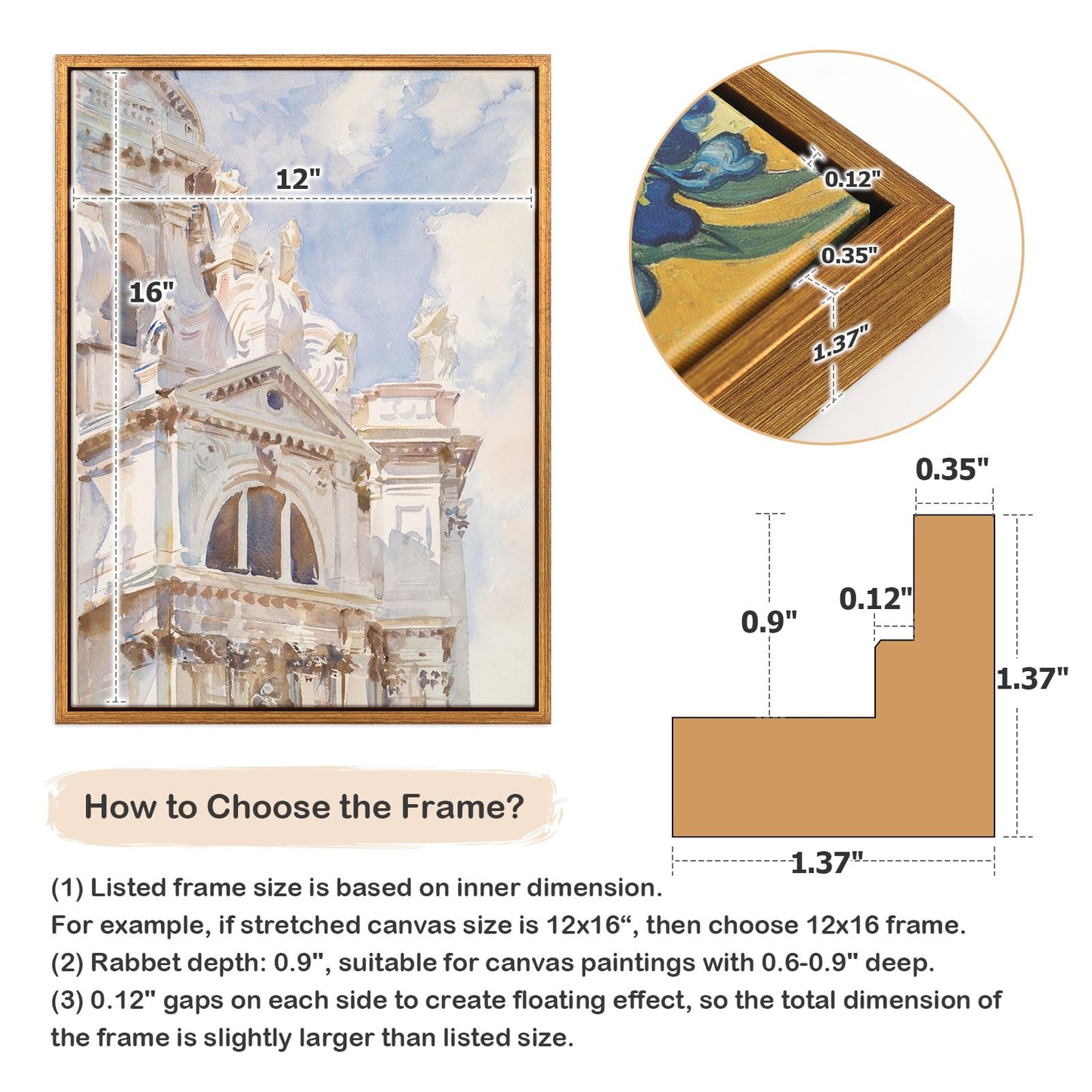FOLKOR Floating Frame for 12x16 Canvas Board Paintings, 2 Pack Canvas Frames with 0.9 Inch Deep for Oil Paintings Art Prints Artwork, Floater Frame for Art Show Gallery Exhibition Wall Decor (Gold)