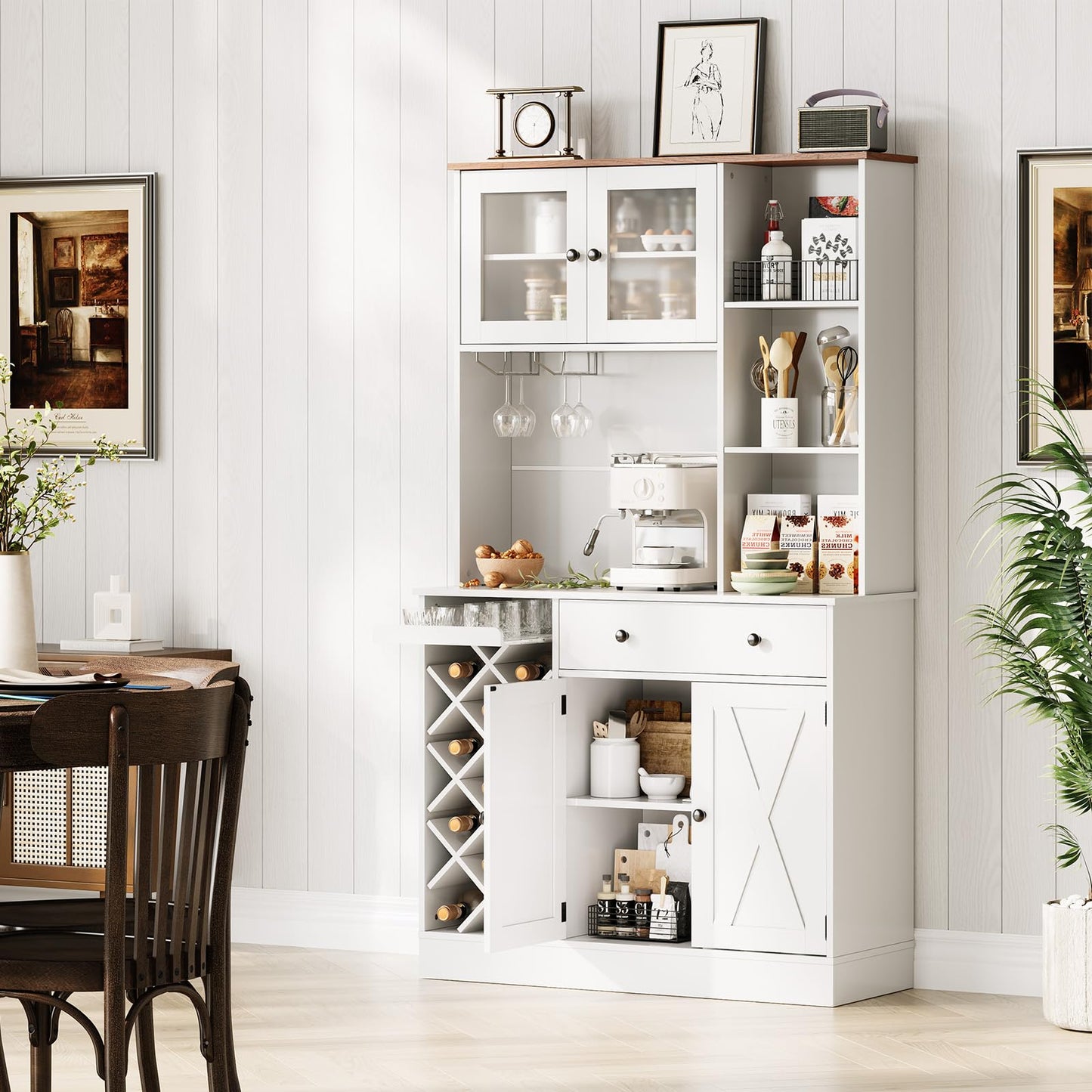 GarveeLife Tall Coffee Bar Cabinet with Wine Rack – Modern Sideboard Buffet, Barn Doors, Storage Hutch, Power Outlets, Glass Holder – for Dining Room, Kitchen, or Living Room – White + Light Walnut