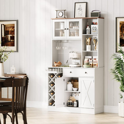 GarveeLife Tall Coffee Bar Cabinet with Wine Rack – Modern Sideboard Buffet, Barn Doors, Storage Hutch, Power Outlets, Glass Holder – for Dining Room, Kitchen, or Living Room – White + Light Walnut