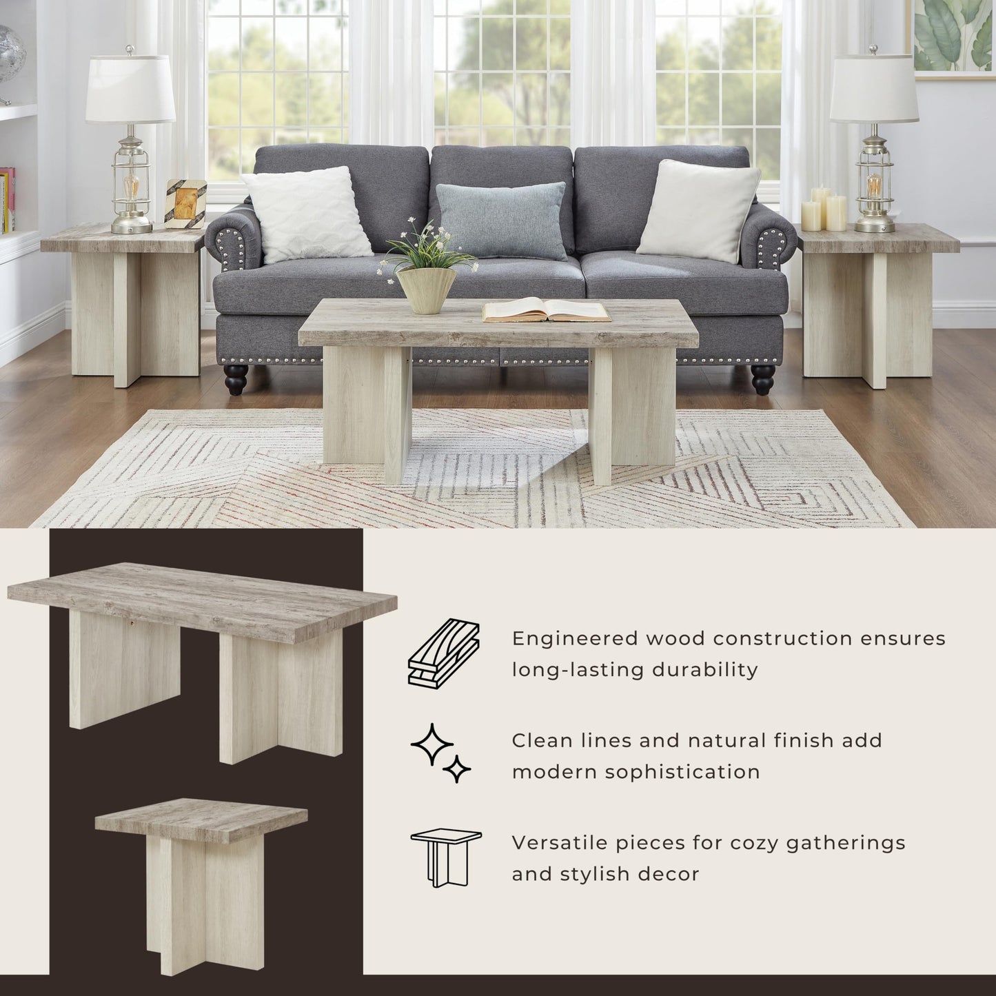Roundhill Furniture Mchome 3-Piece Coffee Table Set, Coffee Table and Two End Tables, Weathered Gray and Beige