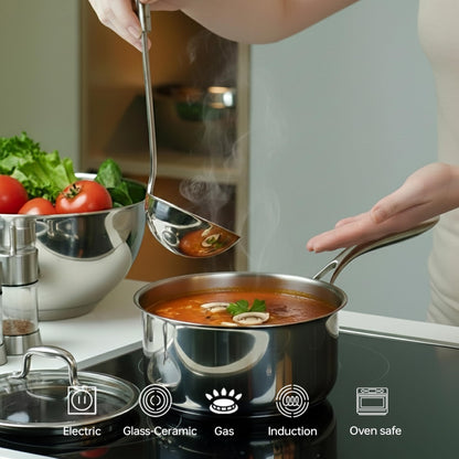 SANFELA 1.3 Quart Stainless Steel Saucepan with Glass Lid, 5 Ply Stainless Clad Construction, Suitable for All Cooktops, PTFE, PFAS and PFOA Free