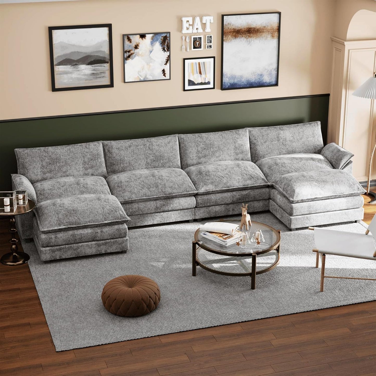 Shahoo Sectional Modular Sofa U Shaped Chenille Fabric Couch with High Supportive & Soft Sponges and Removable Ottoman, Sleeper Comfy Upholstered Furniture for Living Room, Dark Grey