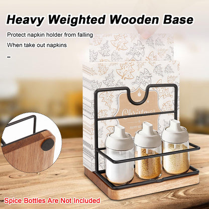Livabber Napkin Holder, Metal Napkin Storage with Salt and Pepper Shakers Caddy Modern Napkin Dispenser for Table Kitchen Countertop, Not Including Salt and Pepper Shakers (Middle Wooden, Black)