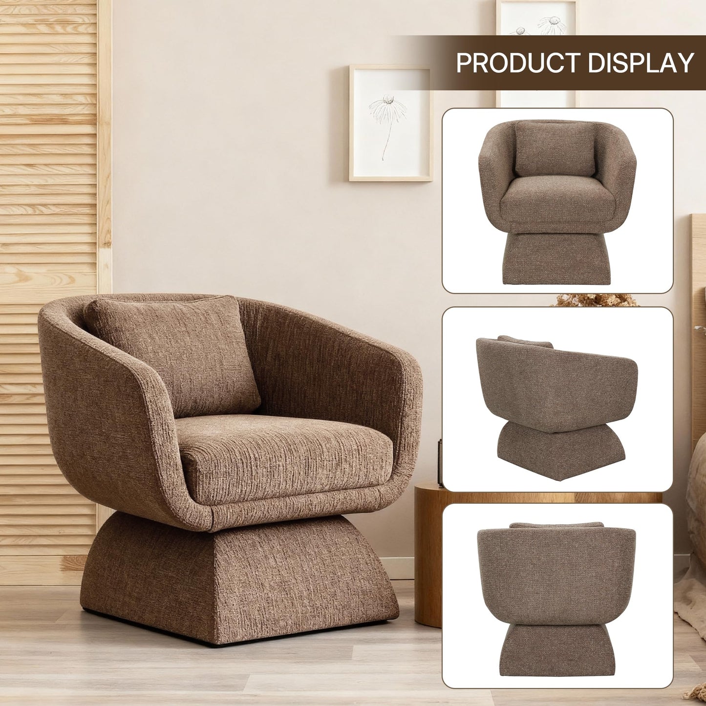 DEECUS. Modern 360° Swivel Accent Chair with Armrest & Curved Back, Soft Cushioned Barrel Lounge Chair (Otter)