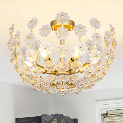 Wellmet Gold Semi Flush Mounts Ceiling Light,Sputnik Ceiling Light Fixture for Bedroom,Flowers Glass Modern Chandelier for Dining Room,Mid Century Close to Ceiling Light for Foyer,Living Room,Nursery