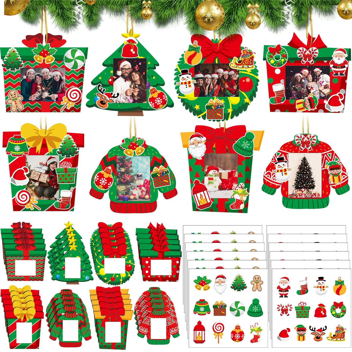 Tioncy 40 Pack Christmas Picture Frame Ornaments DIY Craft Box Set with Stickers DIY Photo Frame Hanging Xmas Picture Ornaments for Tree Window Holiday Party Decor