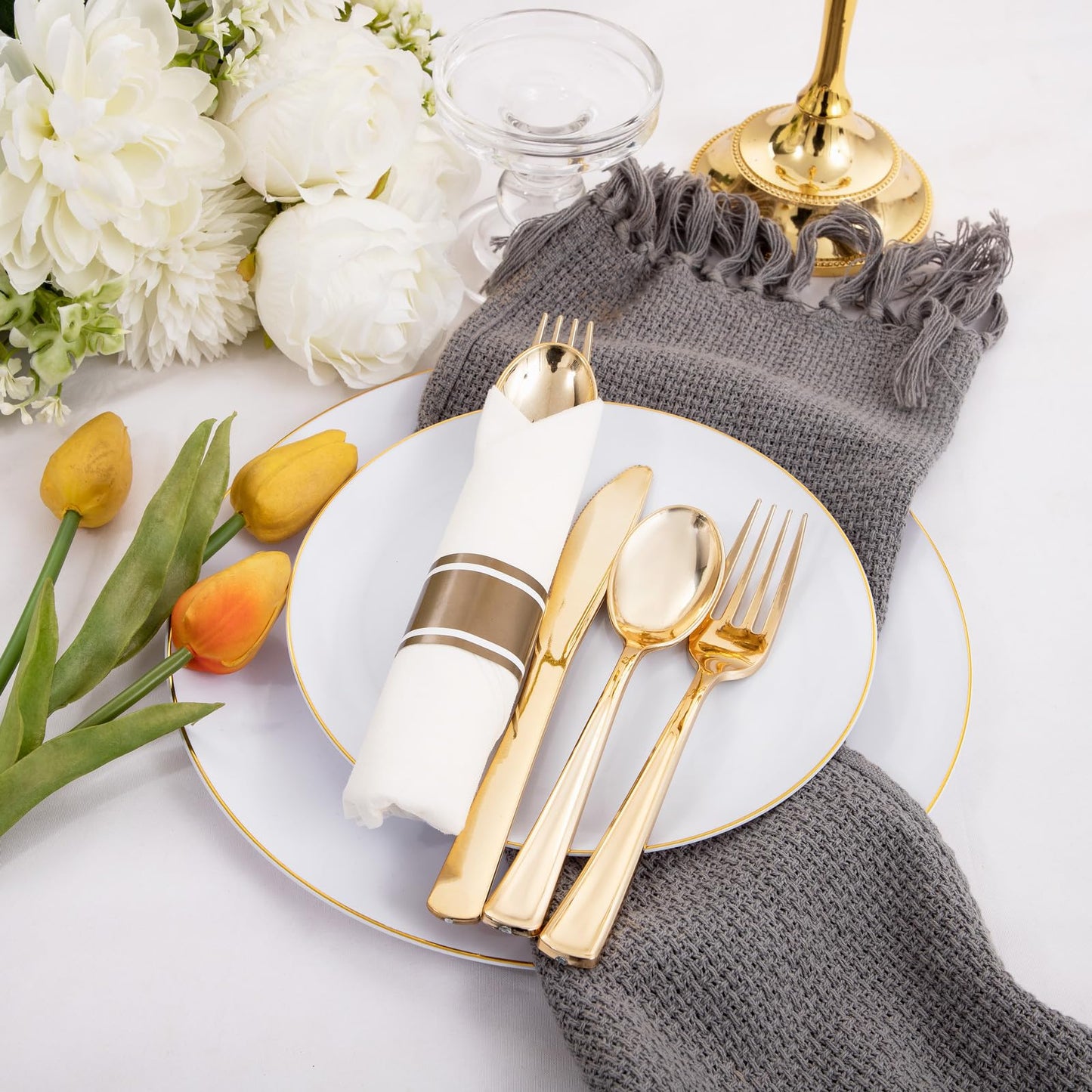 Supernal 120Pack Gold Plastic Silverware Wrapped Plastic Cutlery Set with Napkin,Pre Rolled Napkins with Cutlery Set,Rolled Silverware Disposable For Valentine's Day Mother's Day and Easter