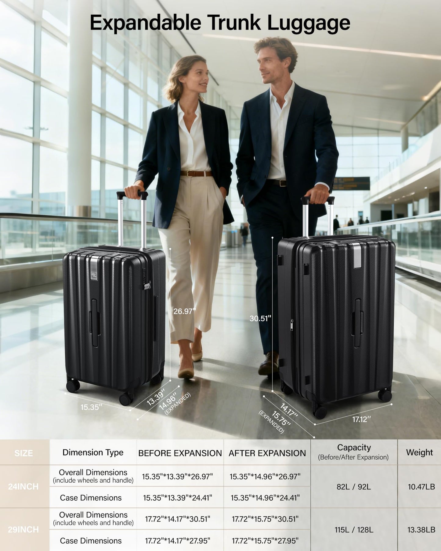 Hanke 29 Inch Plus Expandable Luggage Large Suitcases with Wheels,Checked Luggage Hard Shell Suitcases, PC Trunk Luggage Extra Large Suitcase with Lock for Women Men(Jet Black)