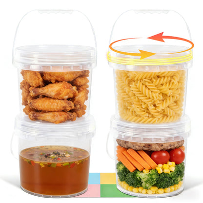 UMETASS 4 Pack 1 Gallon Food Grade Plastic Buckets with Screw Lids & Handle, Reusable Storage Containers for Snacks, Salad, Sauce - Clear Freezer Safe Bucket Set