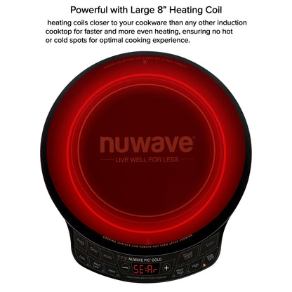 Nuwave Precision Induction Cooktop Gold, 12” Shatter-Resistant Ceramic Glass Surface, Large 8” Heating Coil, Portable, 96 Temp Settings 100°F to 575°F, 3 Wattage Settings 700, 900, and 1500 Watts