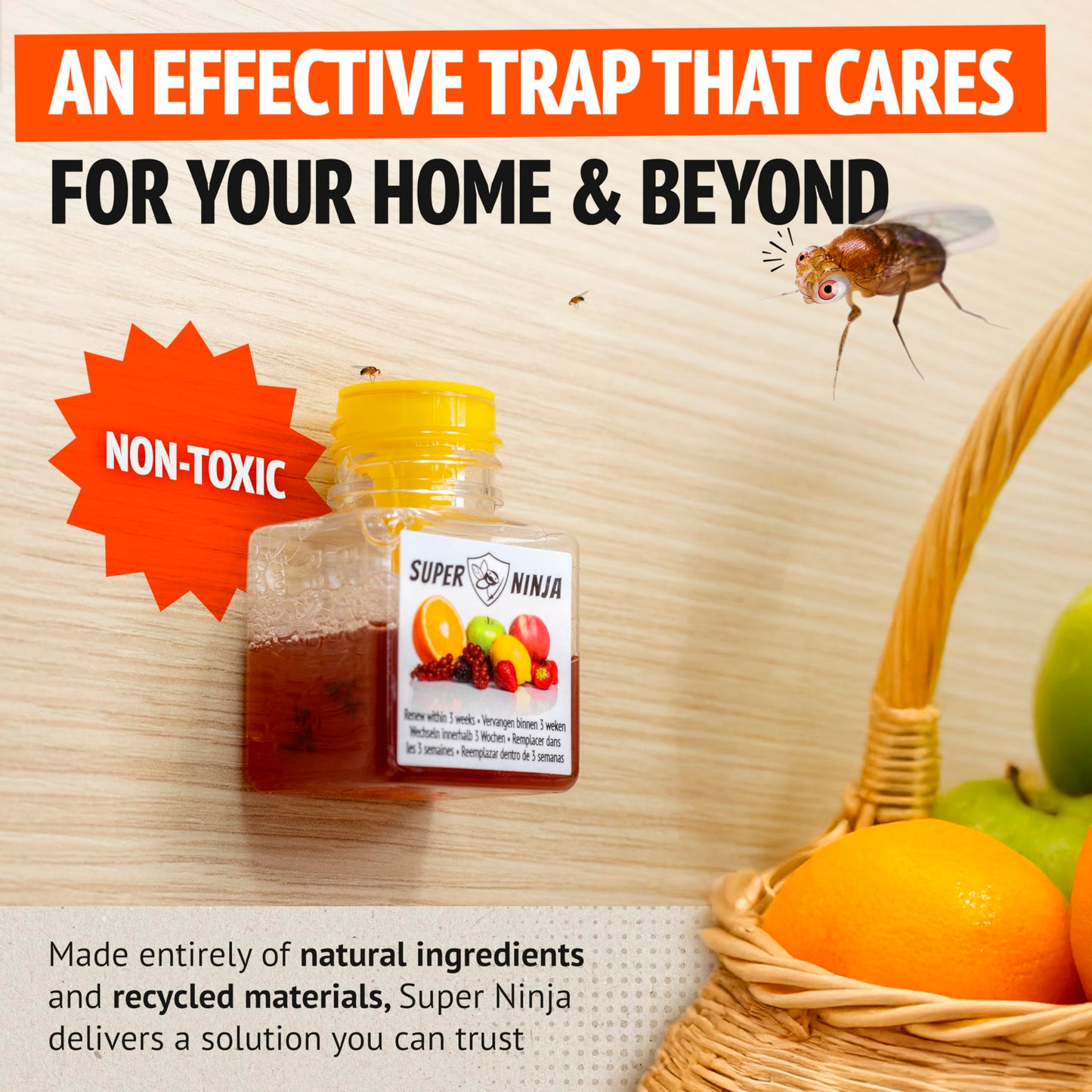 Super Ninja Fruit Fly Traps for Indoors - 1 Pack, Highly Effective Fruit Fly Catcher for Indoor Use for Home & Kitchen, Up to 3 Weeks of Performance per Bottle, Kid & Pet Friendly