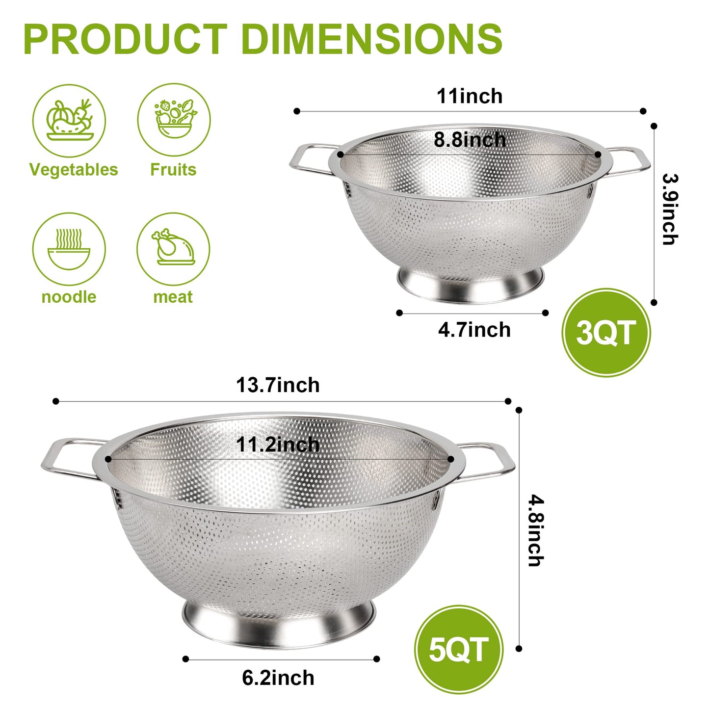 Gulex Colander Stainless Steel 5-Quart, Strainer for Kitchen Food, Dishwasher Safe