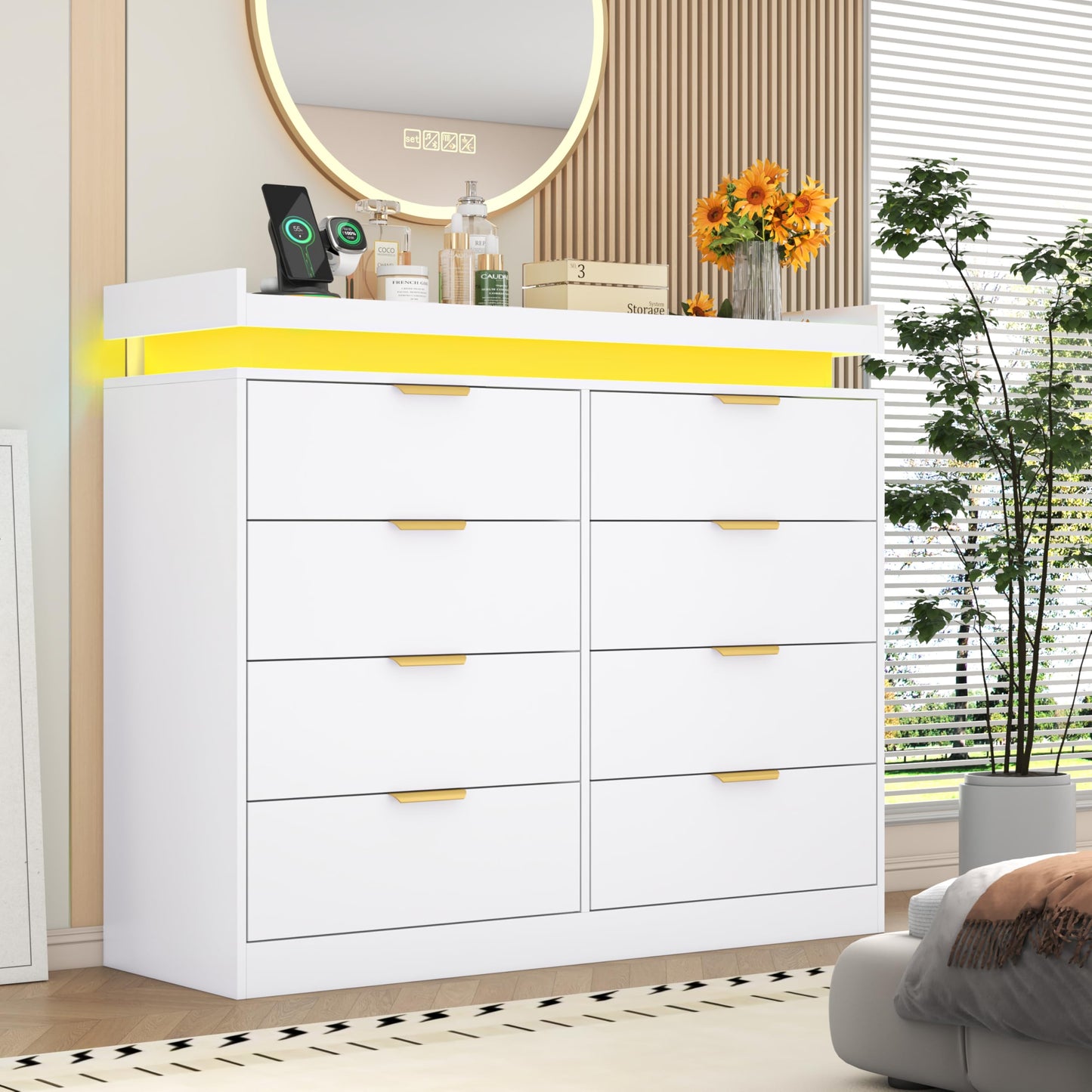 knoworld 8 Drawer Dressers for Bedroom, White Dresser with LED Lights and Power Outlet, Wood LED Dresser, Double Wide Modern Chest of Drawers for Bedroom, Entryway, Hallway