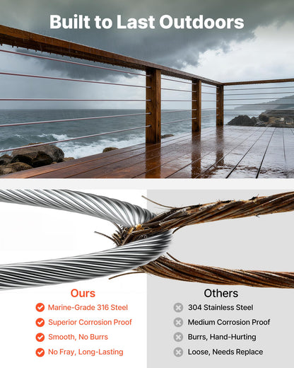 VEVOR 1/8 Inch Wire Rope, 1000 ft Length, 316 Stainless Steel Wire Cable with Cutter, 1760 lbs Breaking Strength, 1 x 19 Strands Construction, Steel Cable for Deck Railing System, Garden Trellis