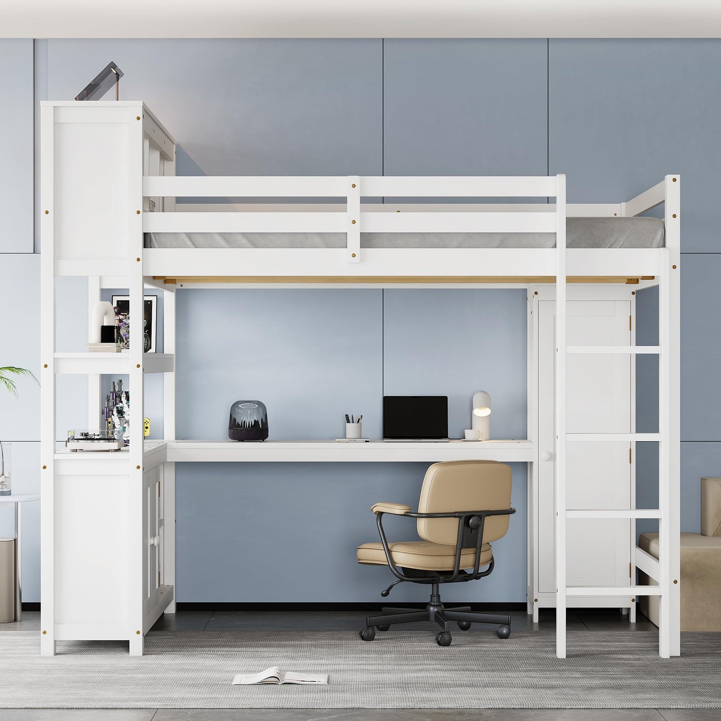 Bellemave Solid Wood Queen Size Loft Bed with Desk and Wardrobe,Loft Bed Frame with Storage Shelves and Bookcase for Kids,Teens,Adults,Queen Size,Space Saving,White