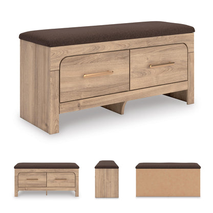 Signature Design By Ashley Hollymount Upholstered Bedroom Storage Bench, Two Drawers, Bronze Hardware, Wood/Fabric, 43.62" W x 15.75" D x 20" H, Tan/Brown