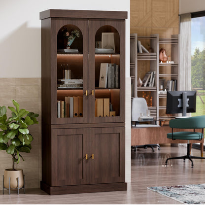 Trygoal 71'' Tall Display Cabinet with Glass Door, Mid Century Modern China Cabinet with LED Stripe, Kitchen Buffet Pantry Cupboard, Trophy Display Case for Living Room Dining Room Bedroom, Walnut