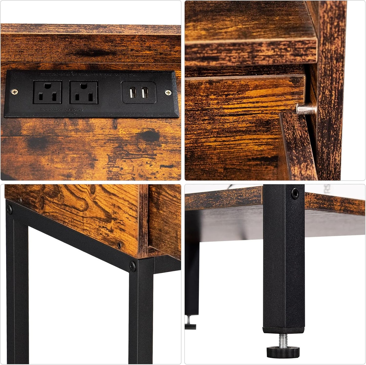 Lerliuo Nightstand with Charging Station, 3-Tier End Table with Storage Drawer, Modern Bedside Night Stand, Retro Brown
