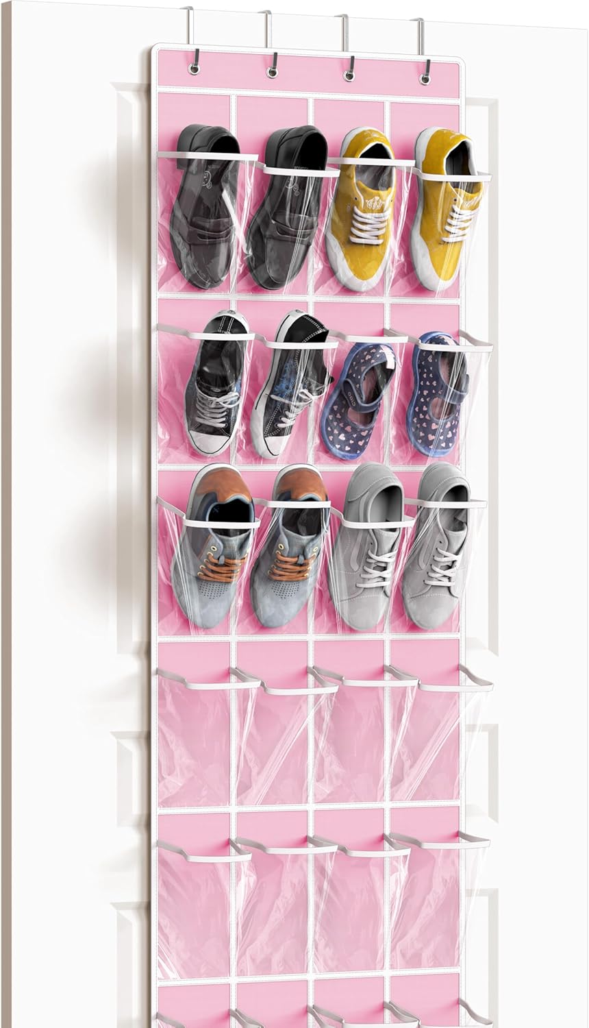 24 (64'' 19'') Simple Houseware Pockets - Crystal Clear Over The Door Hanging Shoe Organizer, Pink x