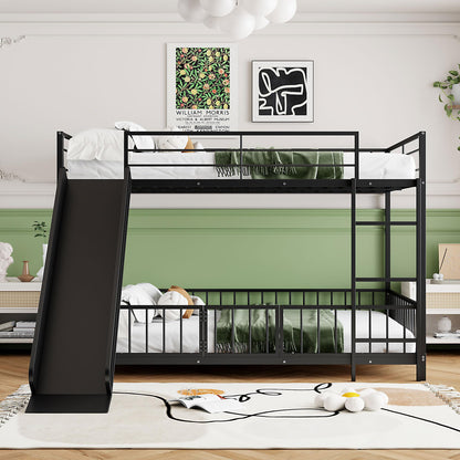 Bellemave Full Over Full Bunk Bed with Slide and Ladder, Metal Low Bunk Bed for Kids, Girls, Boys, Removable Fence, with Door, Black