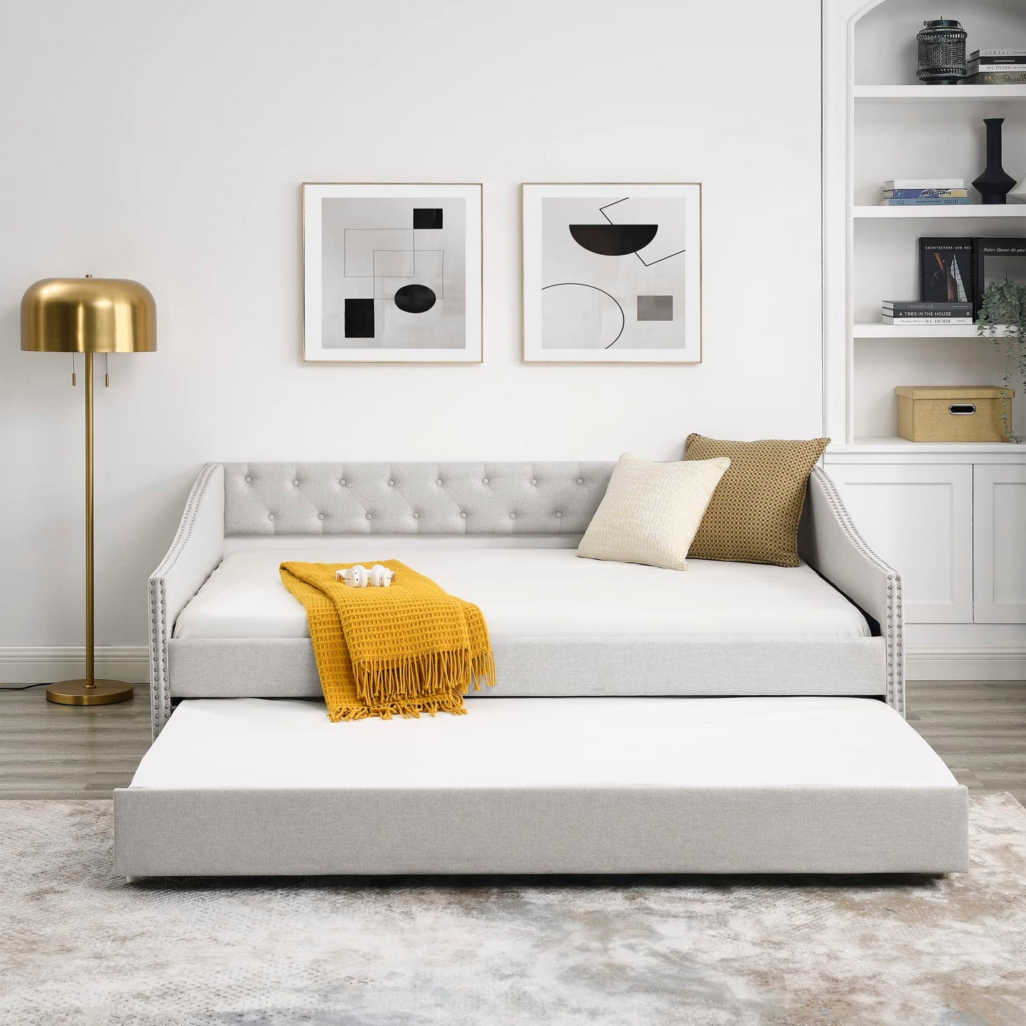 Favfurish Full Size Daybed with Twin Size Trundle, Upholstered Tufted Sofa Bed, with Nailhead Trim,with Button on Back,for Bedroom,Livingroom,Small Space,Beige (80.5''x55.5''x27.5'')