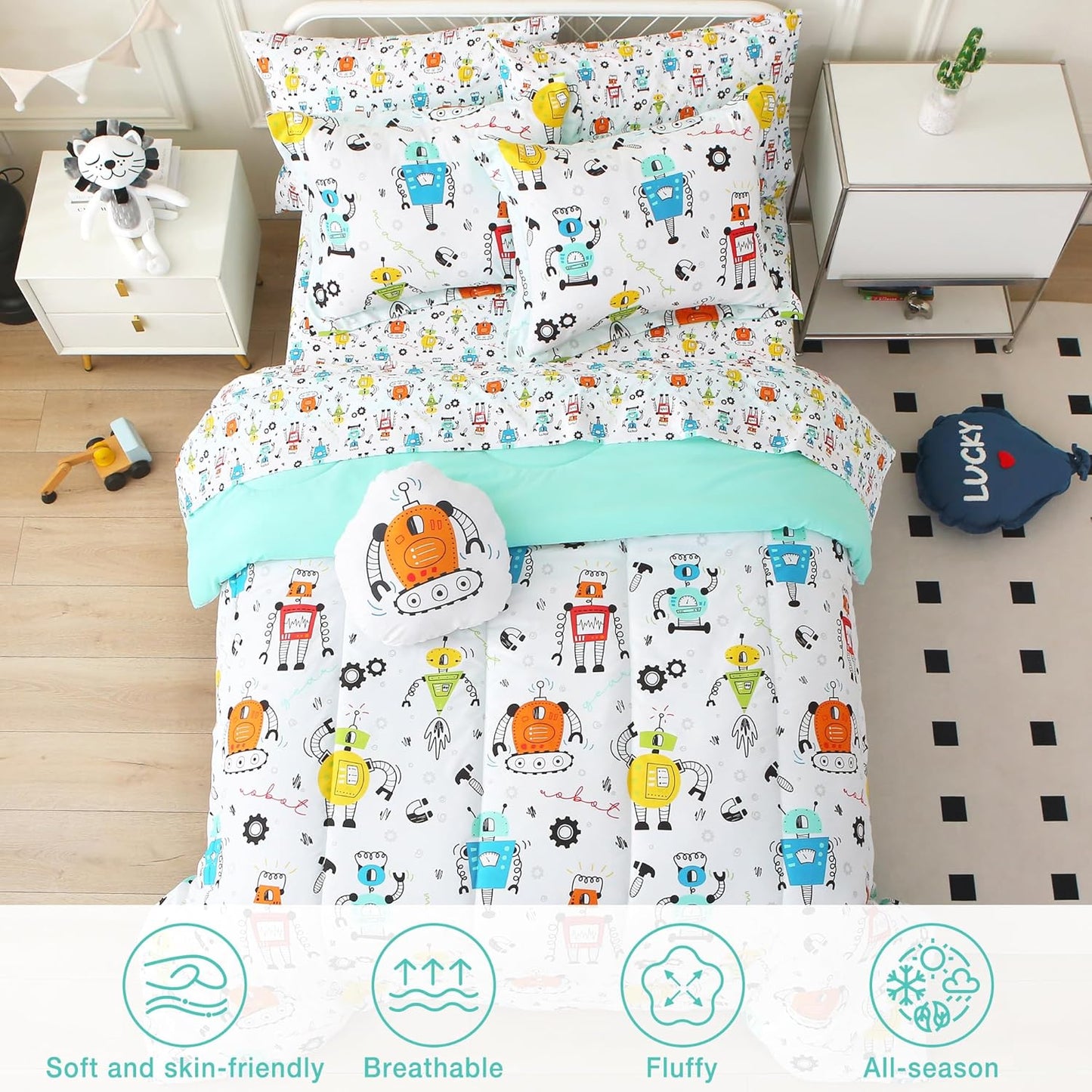 Sets 6 Set Set Mooreeke Twin Size Comforter for Boys Kids, Pieces Bed in a Bag White Robot Bedding Comforter Sheet