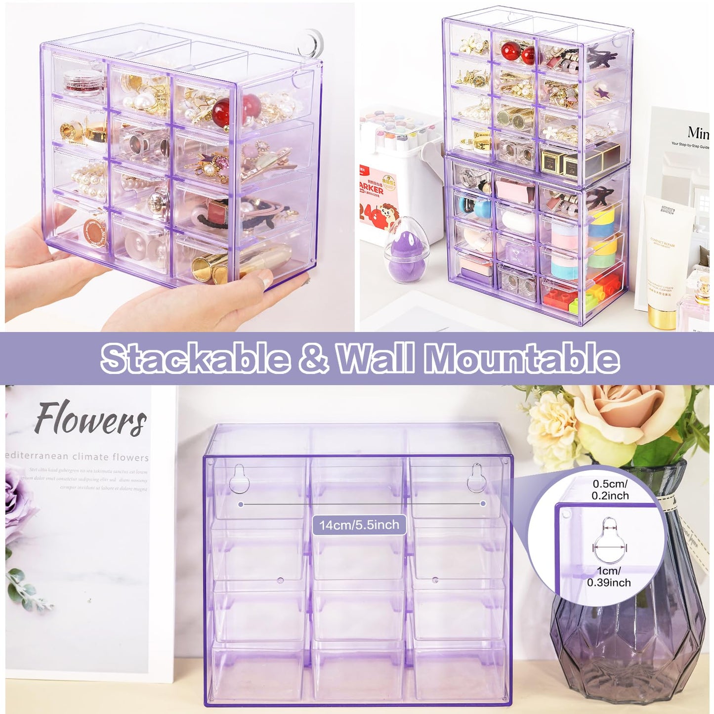 FODIENS Desk Storage Organizer with 12 Mini Drawers, Clear Desktop Craft Drawer Cabinet, Stackable Storage Box Caddy for Makeup Jewelry Office Craft Supplies (Purple)